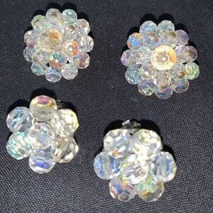 2 PAIR VINTAGE ROUND AB CRYSTAL CLUSTER RHINESTONE CLIP ON EARRINGS RETRO